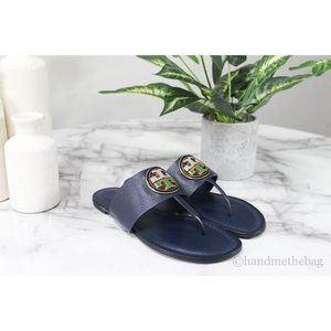 NEW Tory Burch Benton Band Navy Calf Leather Flat Sandal Thong Slip On Shoes